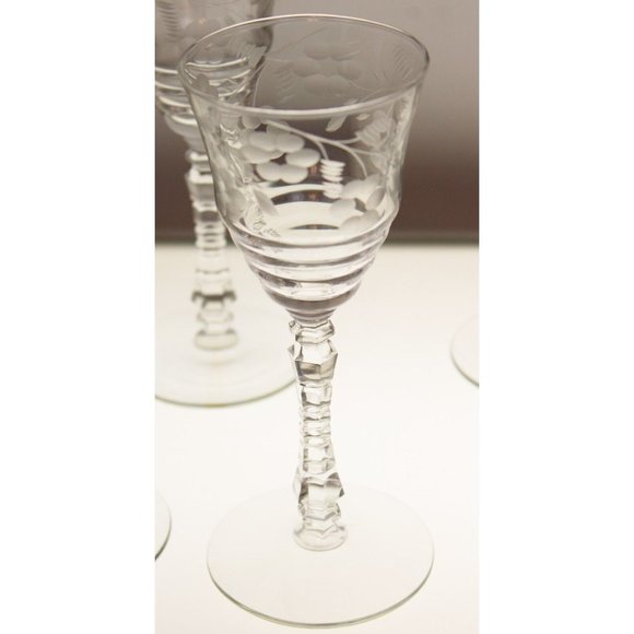 6 Rock Sharpe Halifax Crystal Wine Glass Floral Etched Cut Stem Spring Circa 40s - Picture 5 of 8